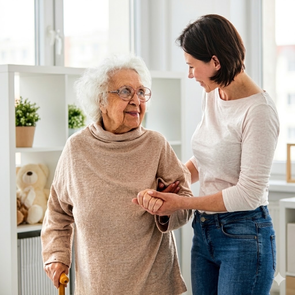 Pflegekraft unterstützt ältere Dame